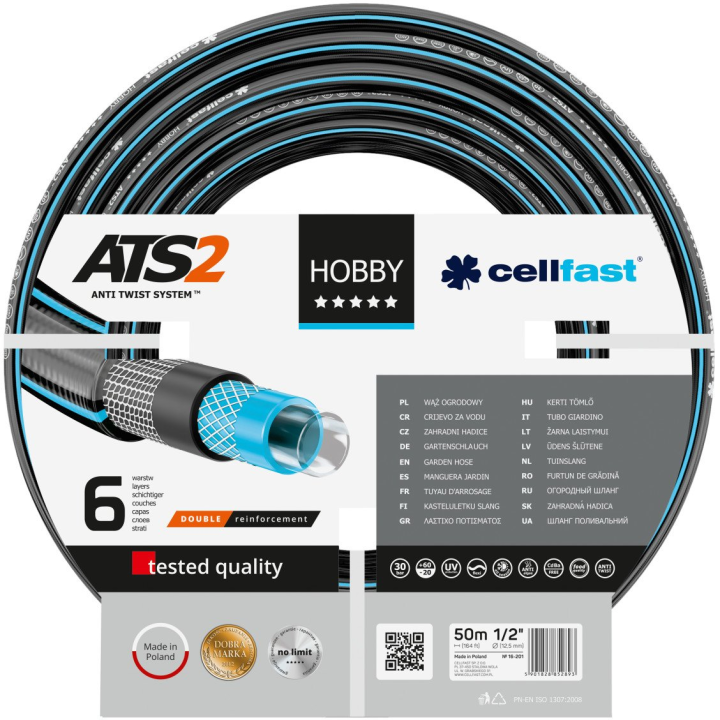 furtun pentru gradina cellfast hobby cu 6 straturi, 1 2  , armat, 50m, protectie uv, antirasucire