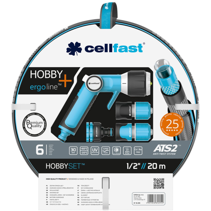 set furtun pentru gradina premium cellfast hobby cu 6 straturi, 1 2  , armat, 20m, protectie uv, antirasucire, pistol multifunct