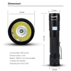 lanterna led supfire a5, 300lm, 200m incarcare usb, negru