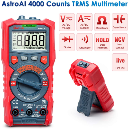 multimetru digital astroai m4kor, trms 4000, ohmmetru, voltmetru 1,5v   9v   12v, masurare fara contact, lanterna