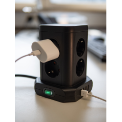 prelungitor tip turn brennenstuhl, 8 prize, 4 usb, cablu 2m, pozitionare prize 45
