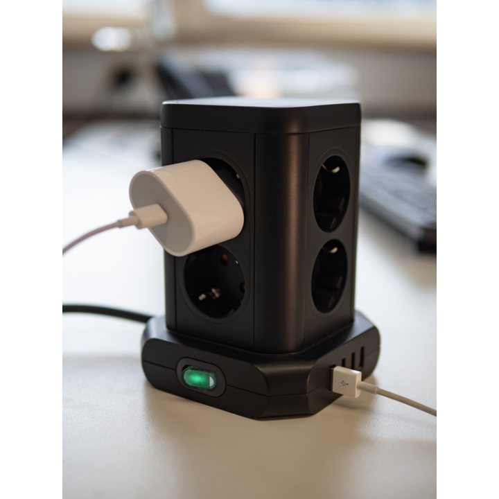 prelungitor tip turn brennenstuhl, 8 prize, 4 usb, cablu 2m, pozitionare prize 45