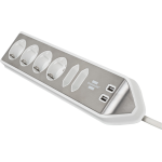 prelungitor pentru perete colt brennenstuhl estilo 6 prize, 2 usb, 3.1 a, 2m inox, adeziv inclus, argintiu-alb