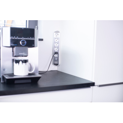 prelungitor pentru perete colt brennenstuhl estilo 6 prize, 2 usb, 3.1 a, 2m inox, adeziv inclus, argintiu-alb