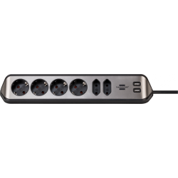 prelungitor pentru perete colt brennenstuhl estilo 6 prize, 2 usb, 3.1 a, 2m inox, adeziv inclus, argintiu-negru