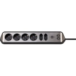 prelungitor pentru perete colt brennenstuhl estilo 6 prize, 2 usb, 3.1 a, 2m inox, adeziv inclus, argintiu-negru