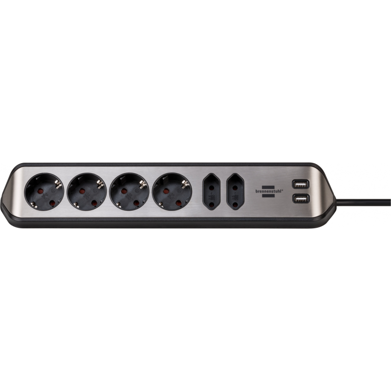 prelungitor pentru perete colt brennenstuhl estilo 6 prize, 2 usb, 3.1 a, 2m inox, adeziv inclus, argintiu-negru