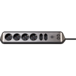 prelungitor pentru perete colt brennenstuhl estilo 6 prize, 2 usb, 3.1 a, 2m inox, adeziv inclus, argintiu-negru