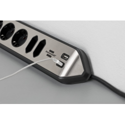 prelungitor pentru perete colt brennenstuhl estilo 6 prize, 2 usb, 3.1 a, 2m inox, adeziv inclus, argintiu-negru