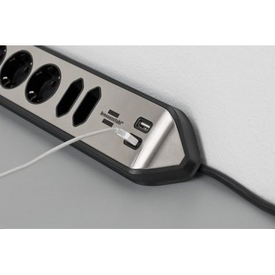 prelungitor pentru perete colt brennenstuhl estilo 6 prize, 2 usb, 3.1 a, 2m inox, adeziv inclus, argintiu-negru