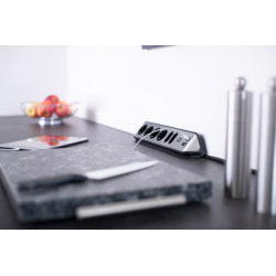prelungitor pentru perete colt brennenstuhl estilo 6 prize, 2 usb, 3.1 a, 2m inox, adeziv inclus, argintiu-negru