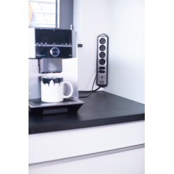 prelungitor pentru perete colt brennenstuhl estilo 6 prize, 2 usb, 3.1 a, 2m inox, adeziv inclus, argintiu-negru