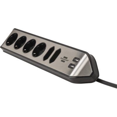 prelungitor pentru perete colt brennenstuhl estilo 6 prize, 2 usb, 3.1 a, 2m inox, adeziv inclus, argintiu-negru