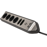 prelungitor pentru perete colt brennenstuhl estilo 6 prize, 2 usb, 3.1 a, 2m inox, adeziv inclus, argintiu-negru
