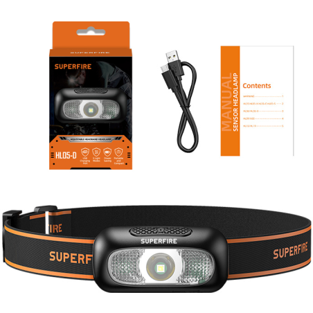 lanterna led pentru cap superfire hl05-d, lumina rosie, 110lm, 35m, 500mah, incarcare usb