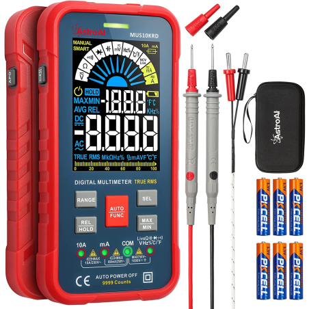 multimetru digital astroai mus10krd, 10000 counts, smart auto, trms auto-ranging, display color, masurare continuitate, temperat