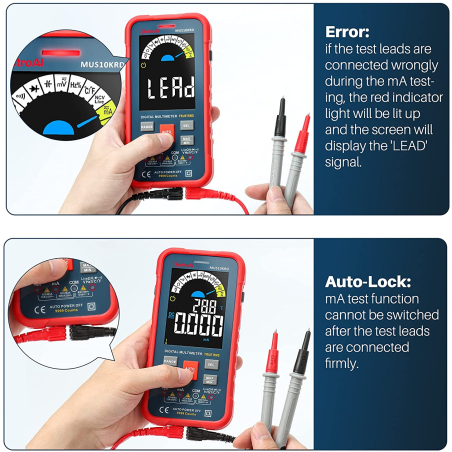 multimetru digital astroai mus10krd, 10000 counts, smart auto, trms auto-ranging, display color, masurare continuitate, temperat