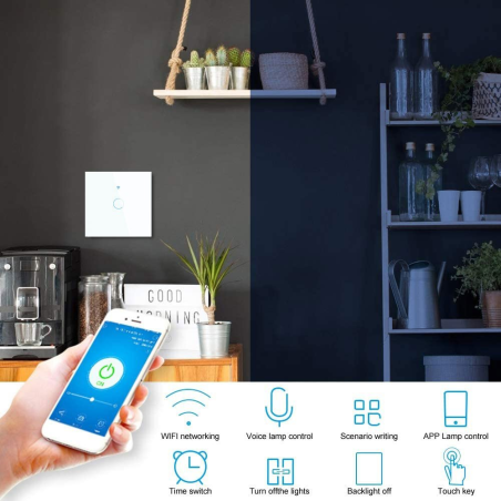 intrerupator smart cu touch rovo fn1c, 1 canal, sticla securizata, tuya, life smart, rf 433mhz, alexa si google assistant, fara 
