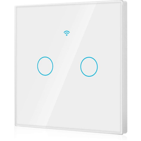 intrerupator smart cu touch rovo fn2c, 2 canale, sticla securizata, tuya, life smart, rf 433mhz, alexa si google assistant, fara