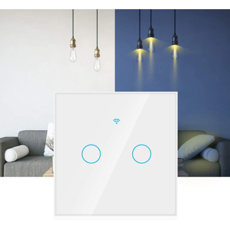 intrerupator smart cu touch rovo fn2c, 2 canale, sticla securizata, tuya, life smart, rf 433mhz, alexa si google assistant, fara