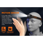 lanterna led pentru cap superfire hl23, 220lm, 120m, 800mah, lumina rosie, incarcare usb-c, control miscare