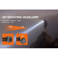 lanterna led pentru cap superfire hl23, 220lm, 120m, 800mah, lumina rosie, incarcare usb-c, control miscare