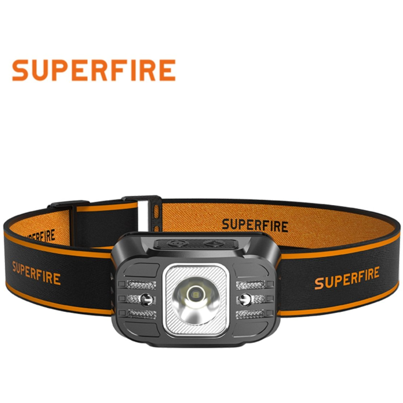 lanterna led pentru cap superfire hl75-x, 220lm, 120m, 800mah, lumina rosie, incarcare usb-c, control miscare