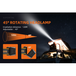 lanterna led pentru cap superfire hl75-x, 220lm, 120m, 800mah, lumina rosie, incarcare usb-c, control miscare