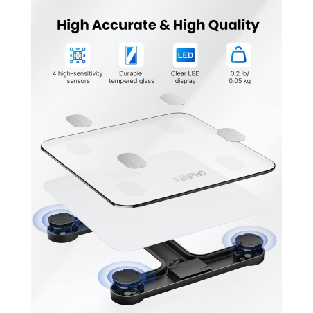 cantar de baie smart renpho 26m, maxim 180kg, 13 masuratori, bmi, bmr imc, bluetooth, compatibil fitbit, apple health, google fi