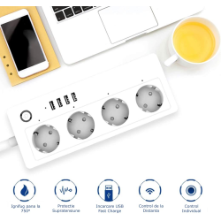 prelungitor smart rovo a26, wifi, 16a, 4 prize individuale, 4 usb tuya, alexa, google assistant,