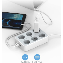 prelungitor tessan ts-303, 6 prize, 3 usb 3a, cablu 2m