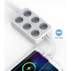 prelungitor tessan ts-303, 6 prize, 3 usb 3a, cablu 2m