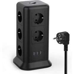 prelungitor tip turn tessan tps01, 11 prize, 3 usb 3.1a, cablu 2m, protectie la suprasarcina - negru