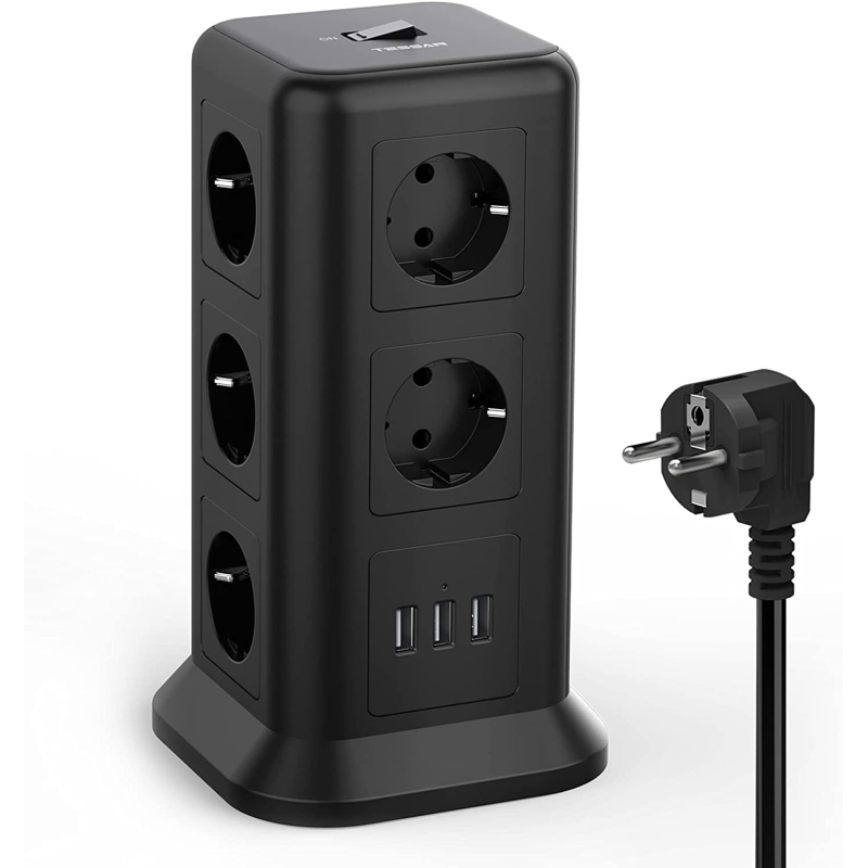 prelungitor tip turn tessan tps01, 11 prize, 3 usb 3.1a, cablu 2m, protectie la suprasarcina - negru