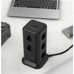prelungitor tip turn tessan tps01, 11 prize, 3 usb 3.1a, cablu 2m, protectie la suprasarcina - negru
