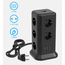 prelungitor tip turn tessan tps01, 11 prize, 3 usb 3.1a, cablu 2m, protectie la suprasarcina - negru