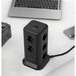 prelungitor tip turn tessan tps01, 11 prize, 3 usb 3.1a, cablu 2m, protectie la suprasarcina - negru
