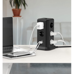 prelungitor tip turn tessan tps01, 11 prize, 3 usb 3.1a, cablu 2m, protectie la suprasarcina - negru