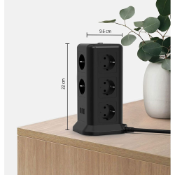 prelungitor tip turn tessan tps01, 11 prize, 3 usb 3.1a, cablu 2m, protectie la suprasarcina - negru