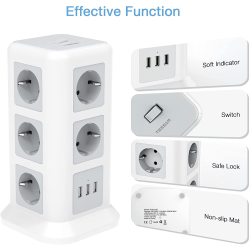 prelungitor tip turn tessan tps01, 11 prize, 3 usb 3.1a, cablu 2m, protectie la suprasarcina - alb