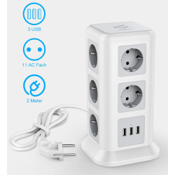 prelungitor tip turn tessan tps01, 11 prize, 3 usb 3.1a, cablu 2m, protectie la suprasarcina - alb