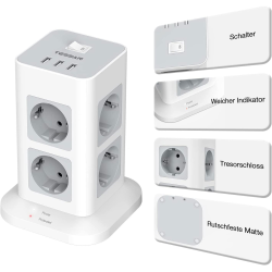 prelungitor tip turn tessan tps03, 8 prize, 3 usb 3a, cablu 2m, protectie la suprasarcina