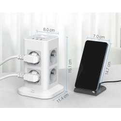 prelungitor tip turn tessan tps03, 8 prize, 3 usb 3a, cablu 2m, protectie la suprasarcina