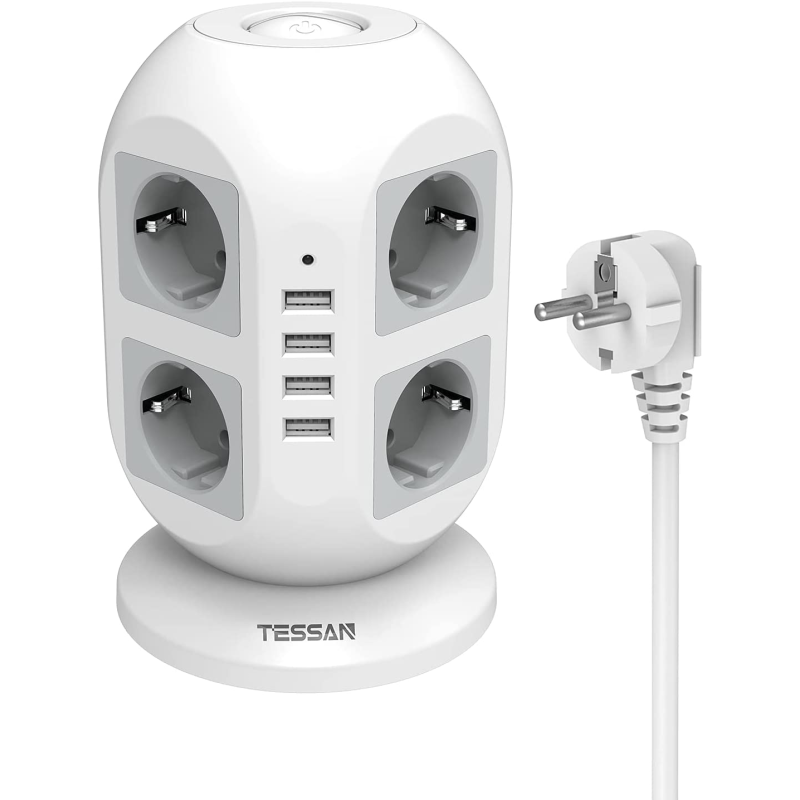 prelungitor tip turn tessan jw402, 8 prize, 4 usb 3.1a, cablu 2m, protectie la suprasarcina