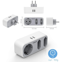 triplu stecher cu usb tessan ts-324, 16a, 2xusb 2.4a