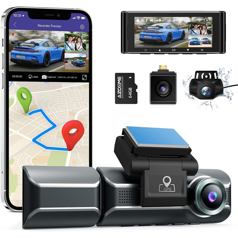 camera auto dvr azdome m550, tripla, 4k, wifi, gps, unghi 170  , wdr, g-sensor, mod parcare, card 64gb inclus