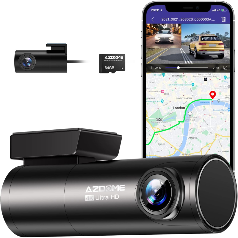 camera auto dvr azdome m300s, dubla, 4k + 1080p, 5ghz wifi, gps, unghi 170  , comanda vocala, card 64g inclus