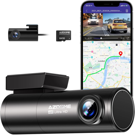 camera auto dvr azdome m300s, dubla, 4k + 1080p, 5ghz wifi, gps, unghi 170  , comanda vocala, card 64g inclus