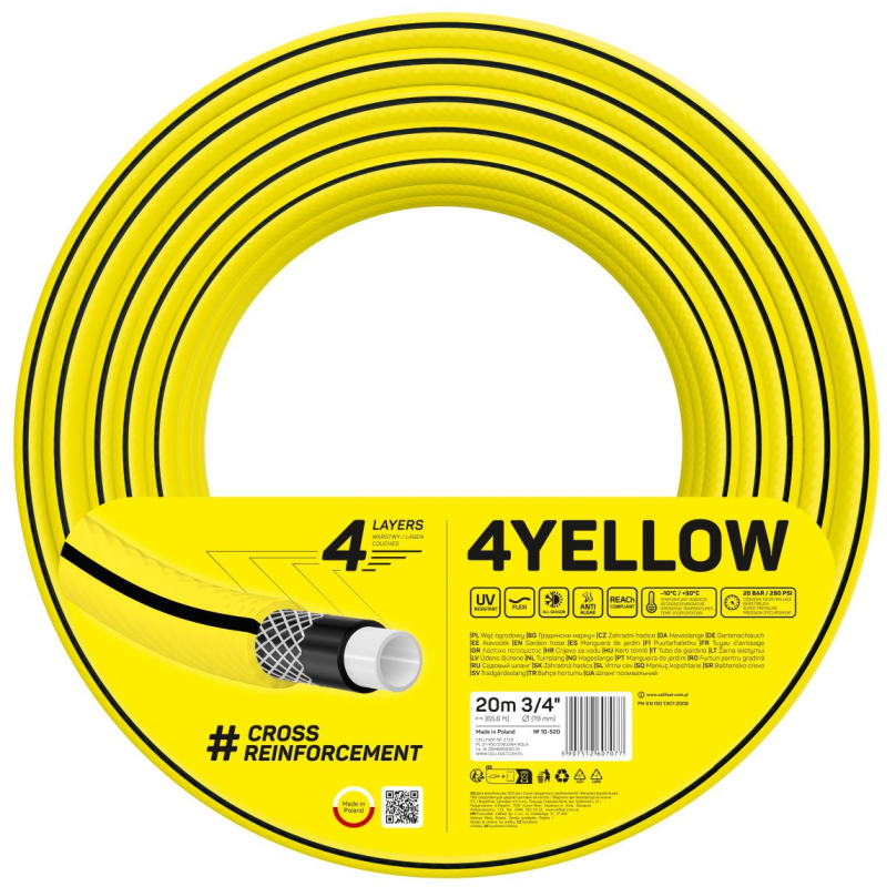 furtun pentru gradina cellfast 4yellow 3 4  , 20m, 4 straturi, protectie uv, antirasucire