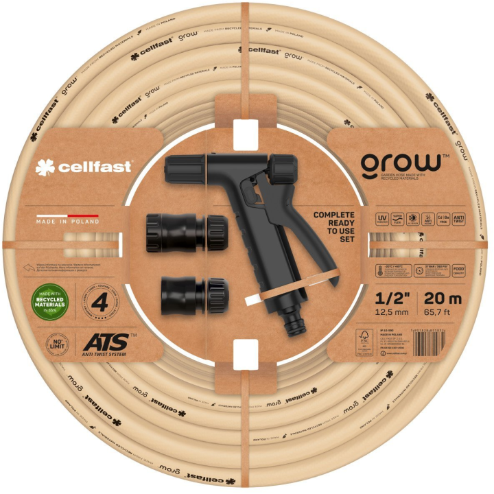 set furtun pentru gradina cellfast grow 1 2   20m, protectie uv, antirasucire, pistol stropire, conectori, materiale reciclate